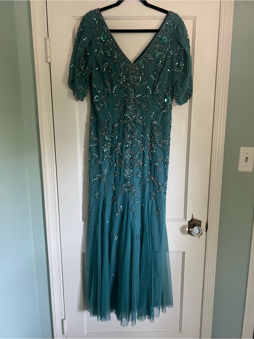 Adrianna Papell Teal Beaded V-Neck Mother of the Bride Gown